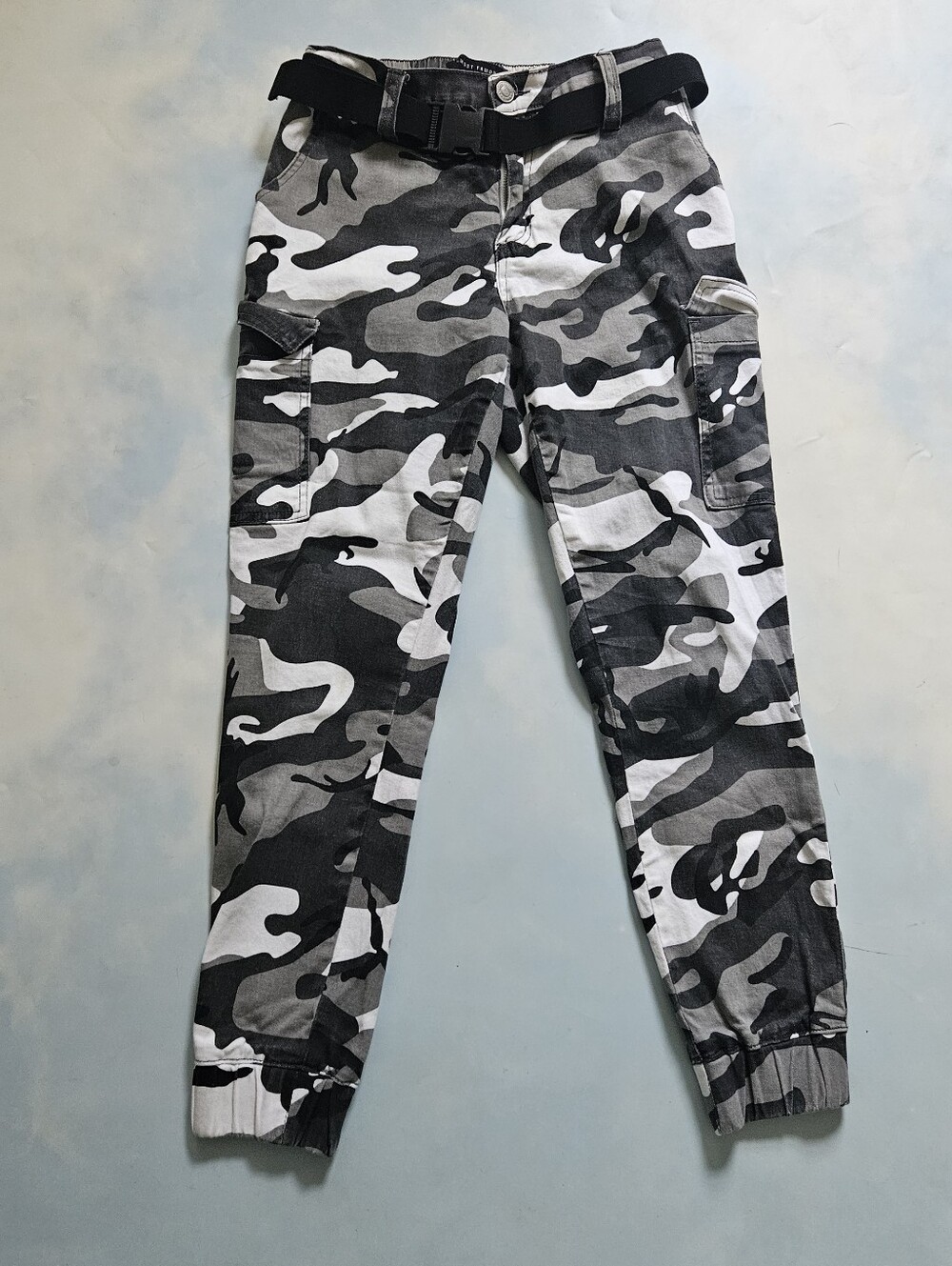 Black & Gray Camo Cargo Joggers with Cool Belt, Streetwear Style